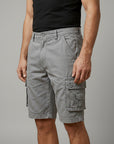 Men's cargo shorts, gray with elastic waistband and flap cargo pockets, knee length.