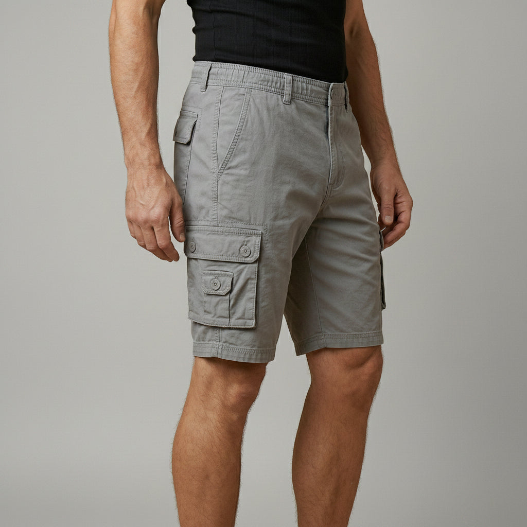 Men's cargo shorts, light gray with elastic waist and flap side cargo pockets.