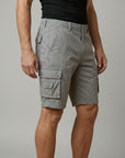 Men's cargo shorts, light gray with elastic waist and flap side cargo pockets.