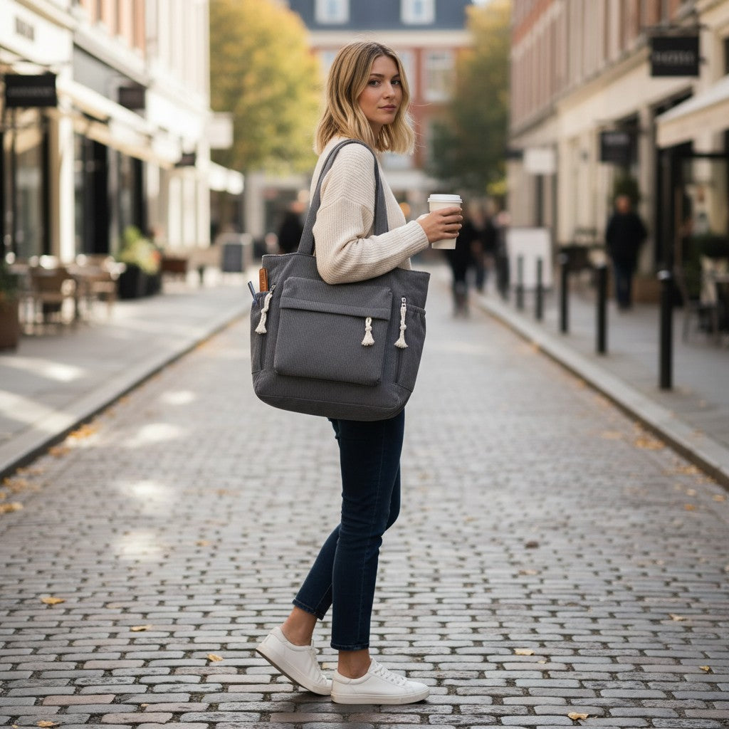 Grey corduroy tote bag with tassel accents and wide shoulder strap