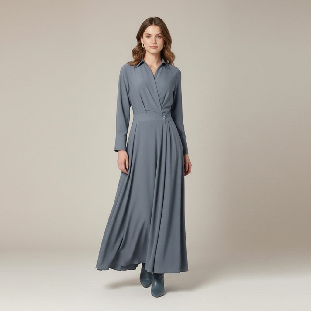 Slate blue midi shirt dress with three-quarter sleeves, button front, and belt