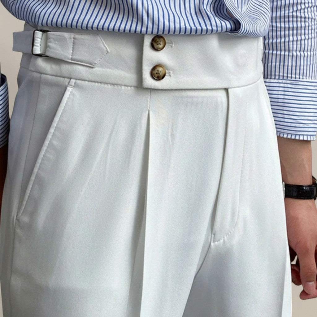 Men's high-waisted straight-leg tailored trousers in white, button waistband detail