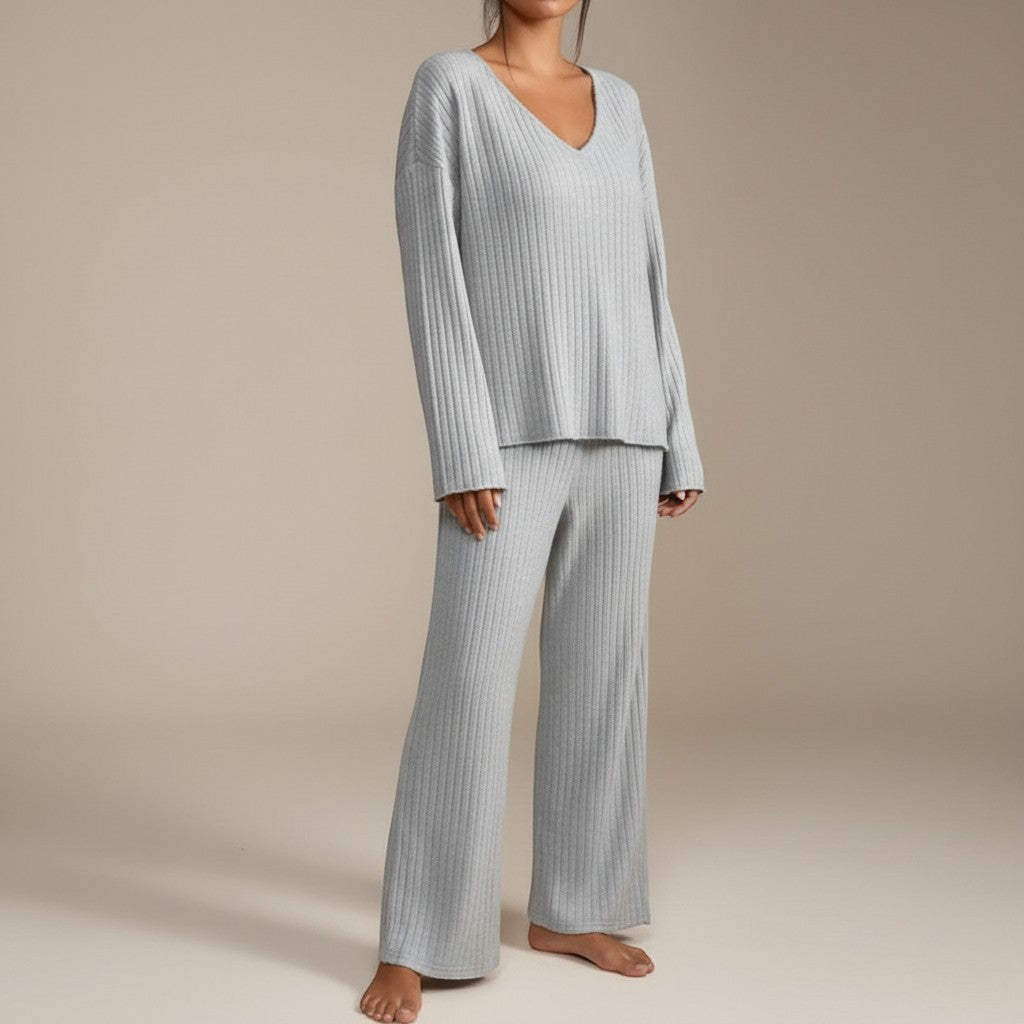 Light gray ribbed knit V-neck top and wide-leg trousers loungewear set