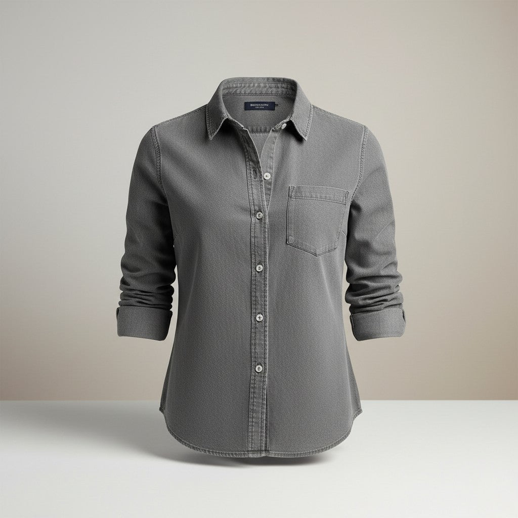 Slim fit long-sleeve button-up shirt in dark gray with chest pocket and button placket