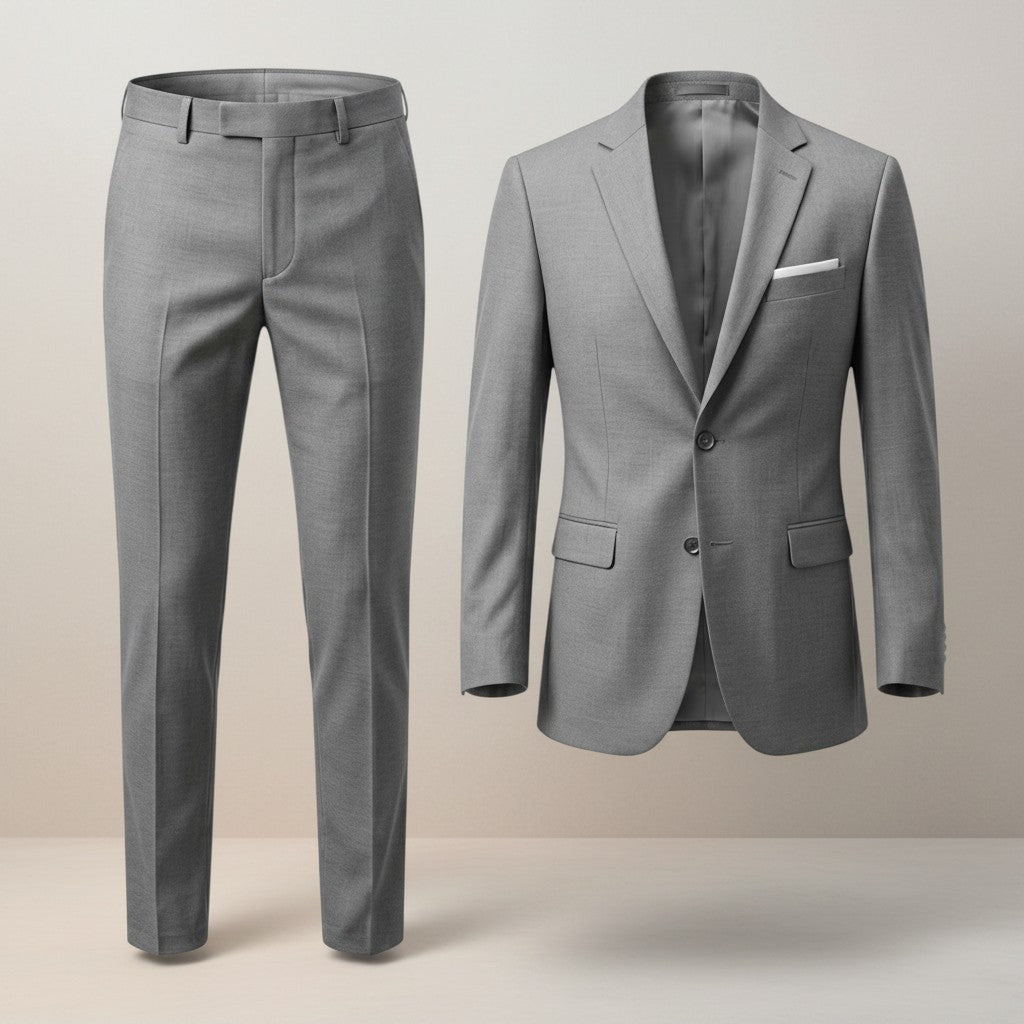 Grey tailored suit set with straight-leg trousers and single-breasted blazer