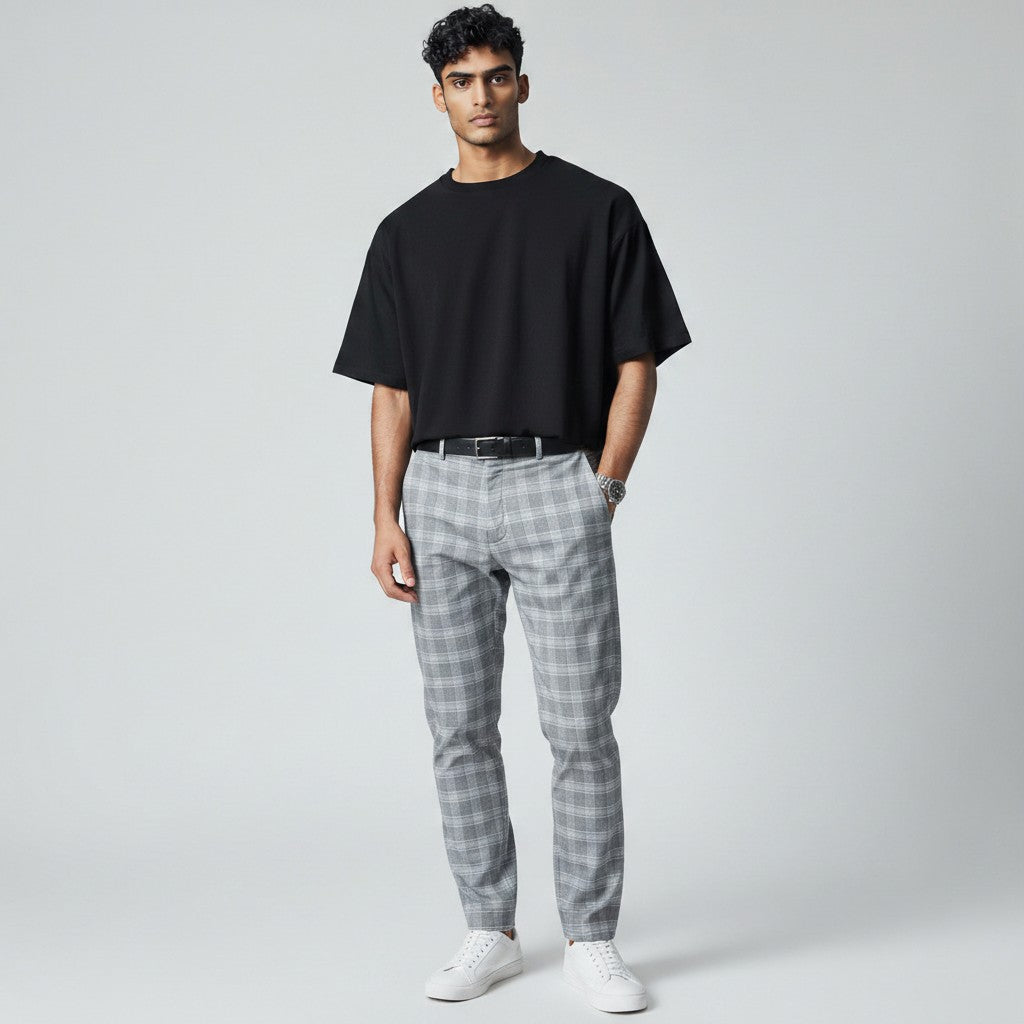 Light gray plaid slim-fit ankle-length trousers with belt loops and button fly