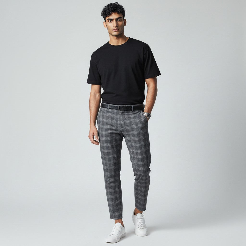 Dark gray plaid slim-fit ankle-length trousers with belt loops and button fly