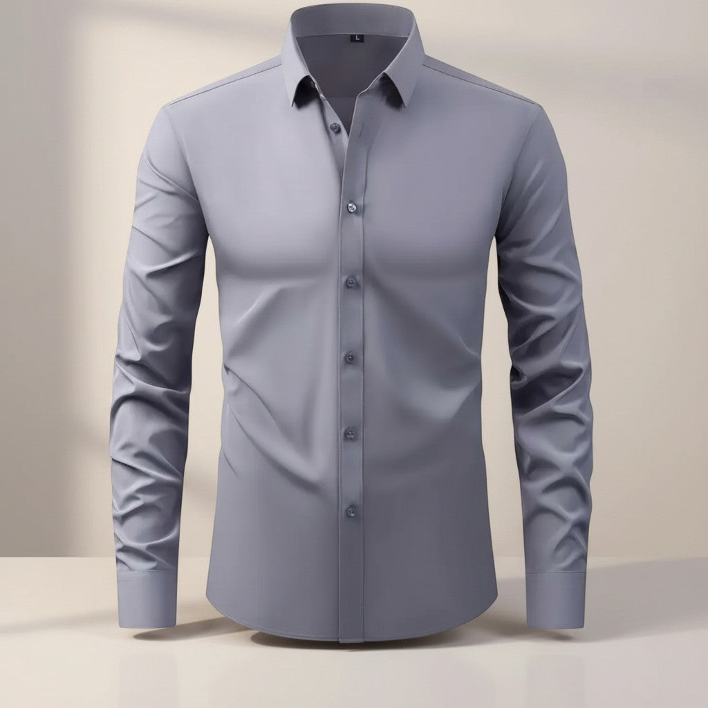 Men's slim-fit stretch dress shirt, grey button-front long sleeves, pointed collar.