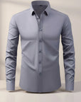 Men's slim-fit stretch dress shirt, grey button-front long sleeves, pointed collar.