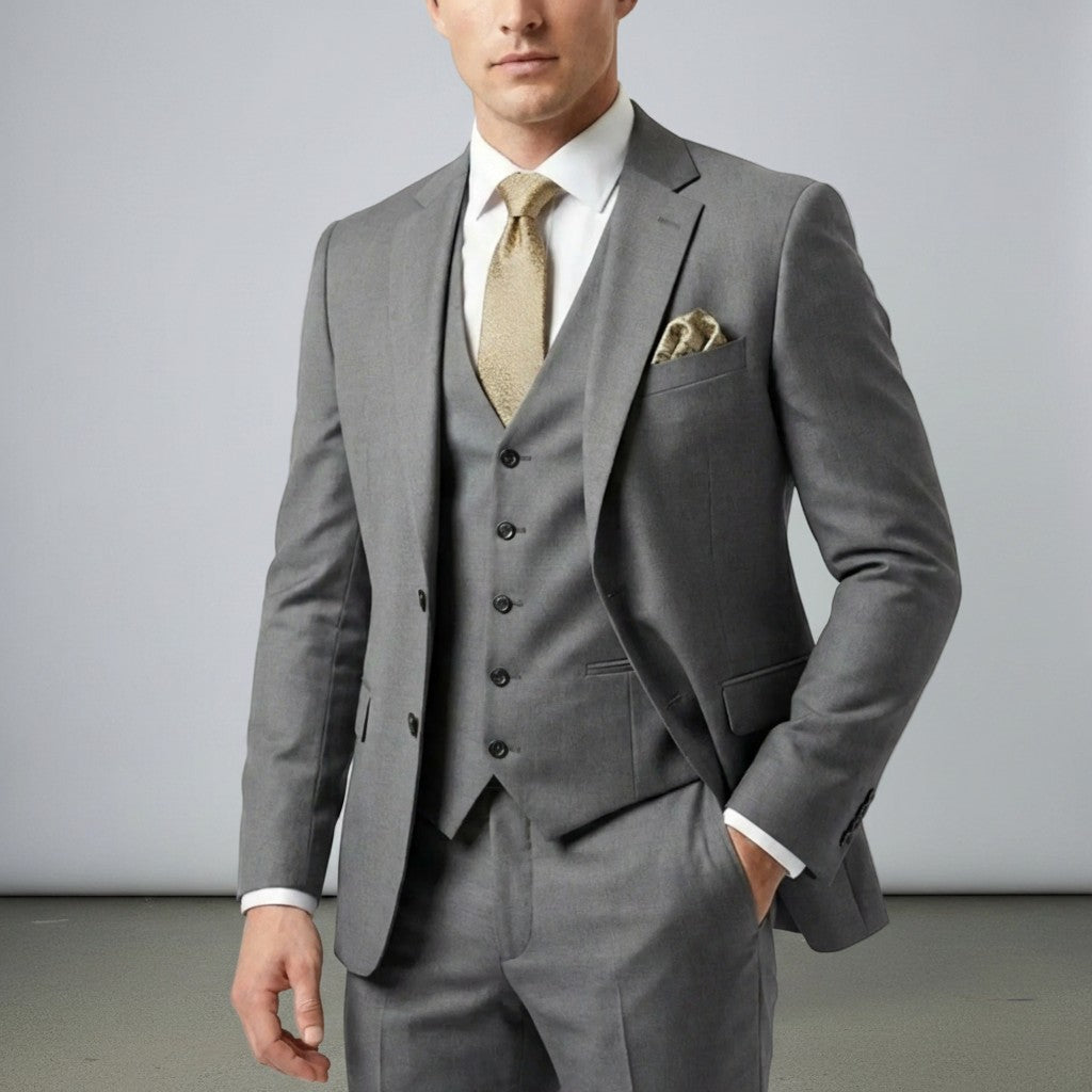 Gray men’s three-piece suit set with tailored jacket, waistcoat, and matching trousers