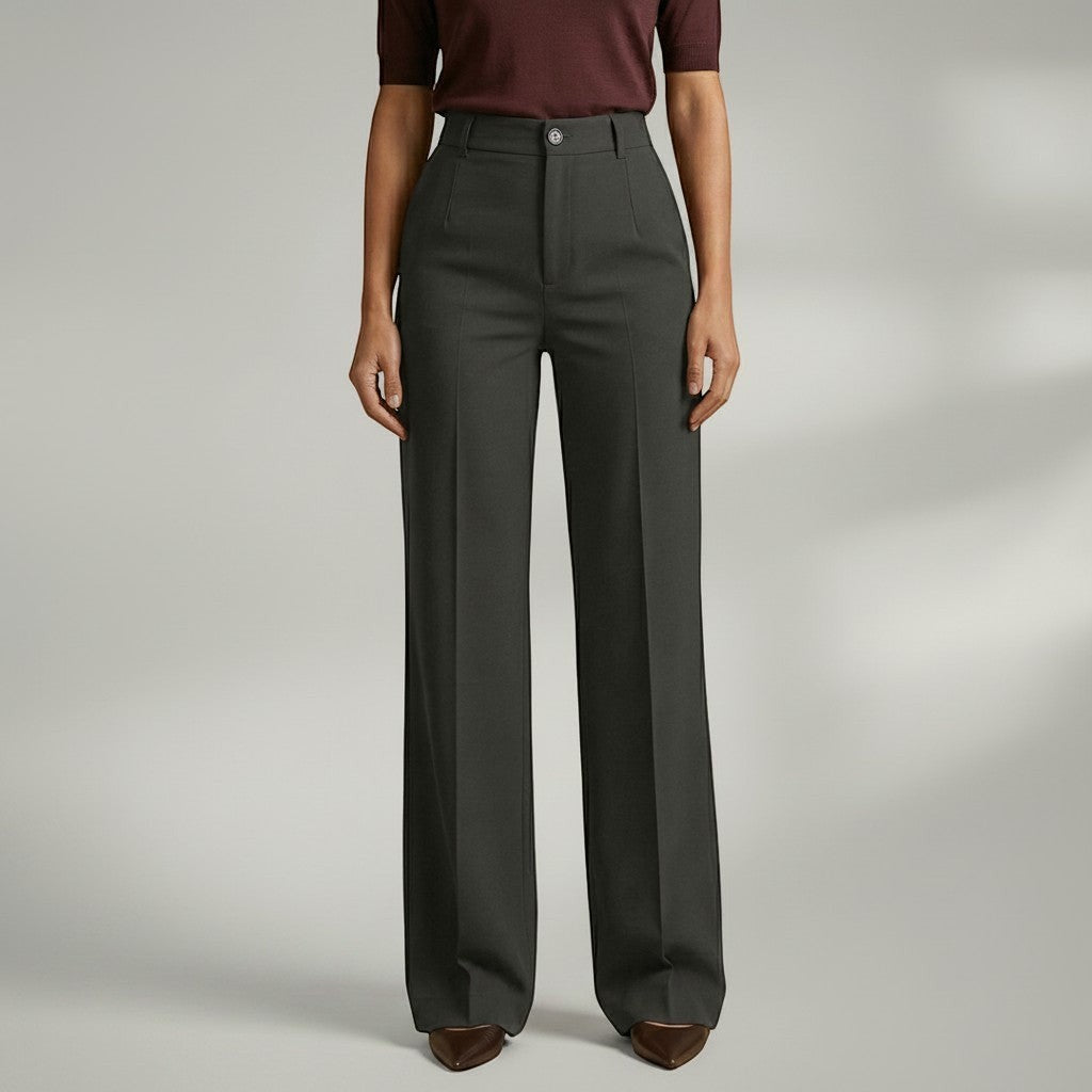 High-waist tailored trousers in dark grey with belt loops and front button closure