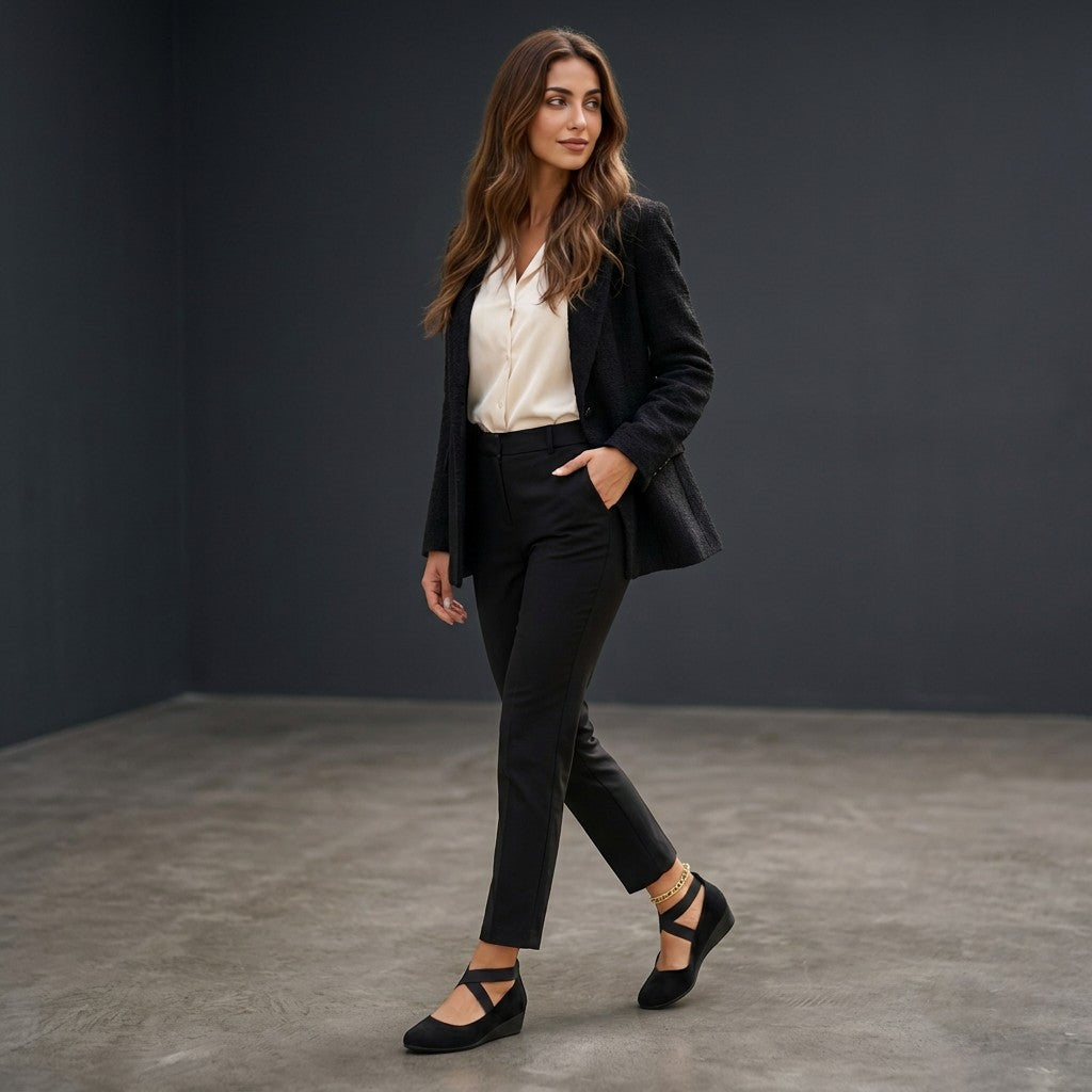 Black wedge ballet flats with crisscross straps and low heel, slip-on style.
