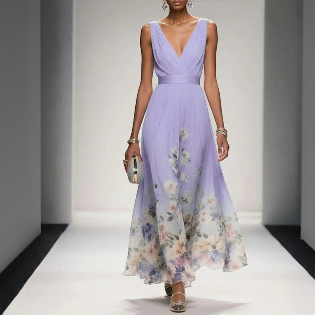 Lavender sleeveless V-neck maxi dress with floral panel hem and gathered waist