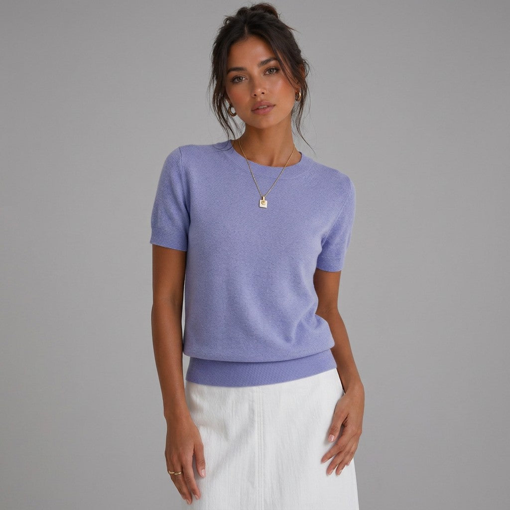 Women’s wool-blend knit sweater, lavender short-sleeve crewneck