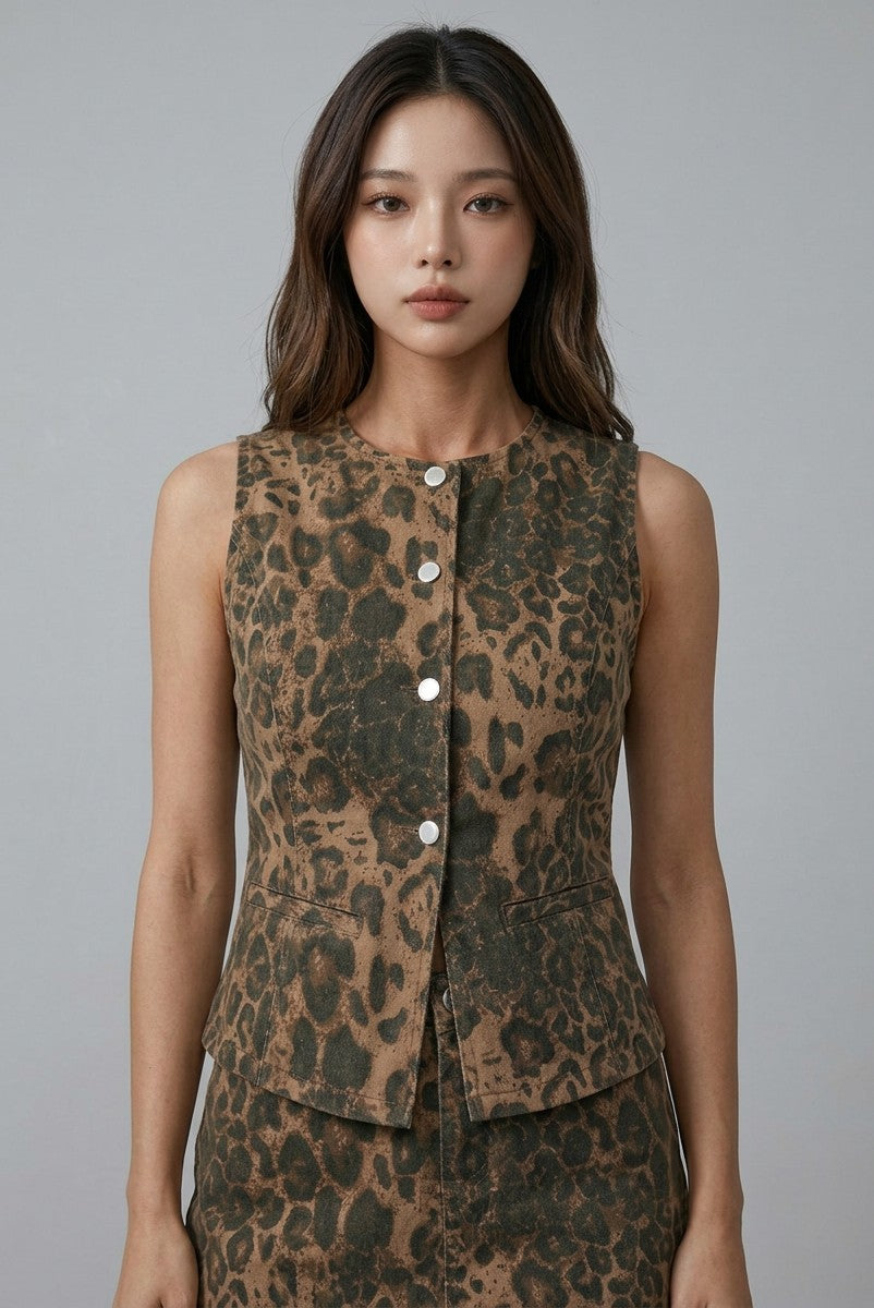Women's Durable Denim Vest | Stylish Sleeveless Layering Piece with Leopard Print 1