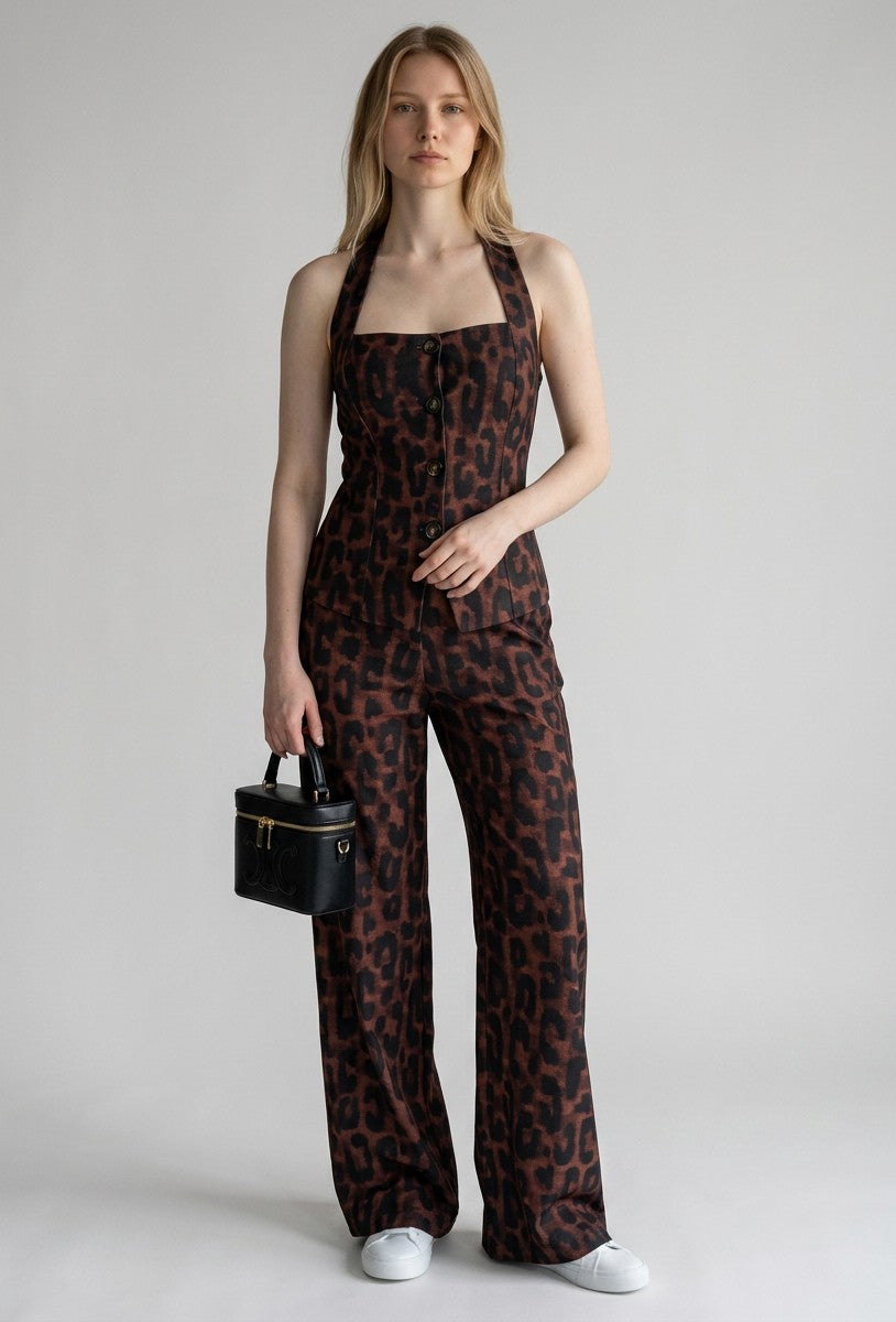 Leopard print halter neck tank top with matching wide-leg trousers