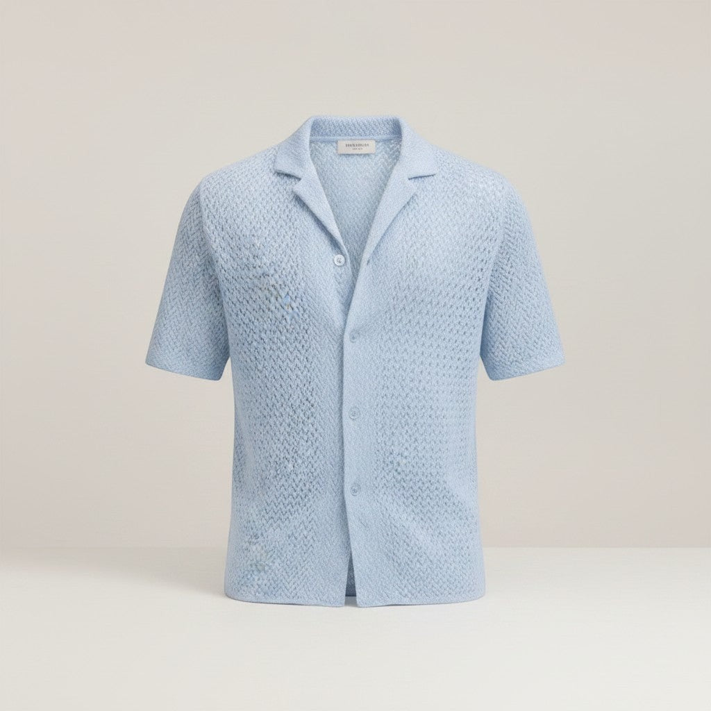 Men's light-blue knit short-sleeve button-up shirt, open collar, textured weave