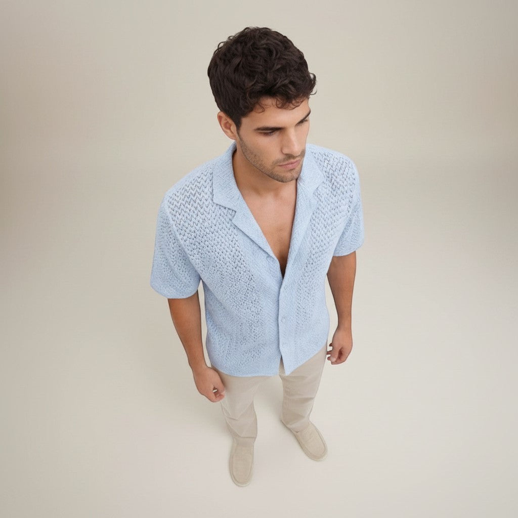 Men's light-blue knit short-sleeve button-up shirt, open collar, textured fabric