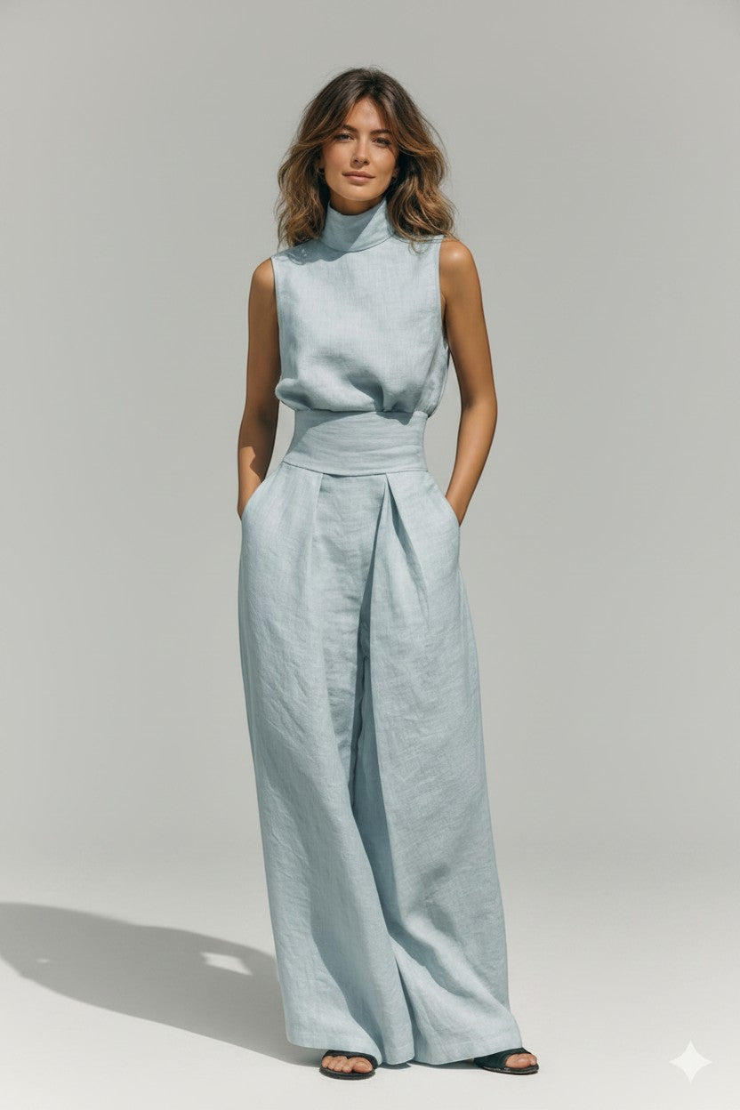 BENJAMIN LONDON light blue linen blend sleeveless high neck tank top and wide leg pants set with side pockets.