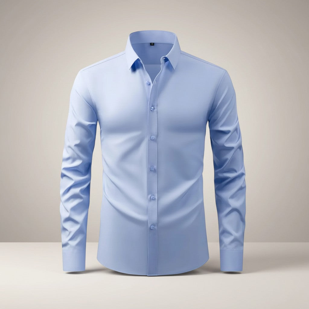 Men's slim-fit stretch dress shirt, light blue button-front, long sleeves, pointed collar.