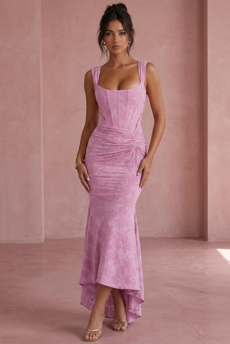 Lilac jacquard sleeveless gown with ruched center seam and asymmetrical mermaid hem