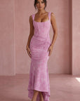 Lilac jacquard sleeveless gown with ruched center seam and asymmetrical mermaid hem