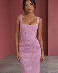 Lilac jacquard gown with square neckline, ruched waist detail, sleeveless fitted silhouette