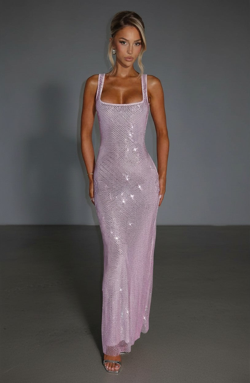 Embellished evening gown with square neckline, sleeveless straps, and long column fit in pale lavender.