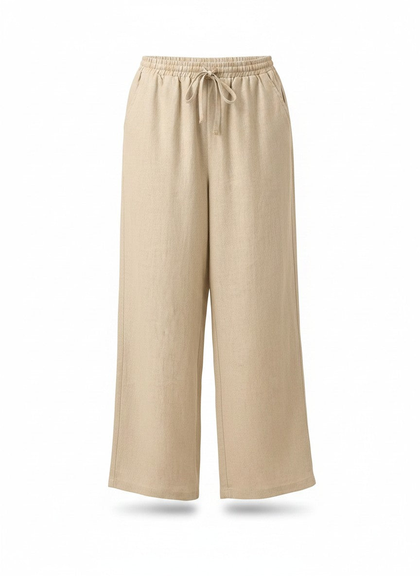 Beige wide-leg linen pants with elastic waist and drawstring ties, relaxed full-length fit.