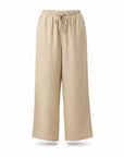 Beige wide-leg linen pants with elastic waist and drawstring ties, relaxed full-length fit.