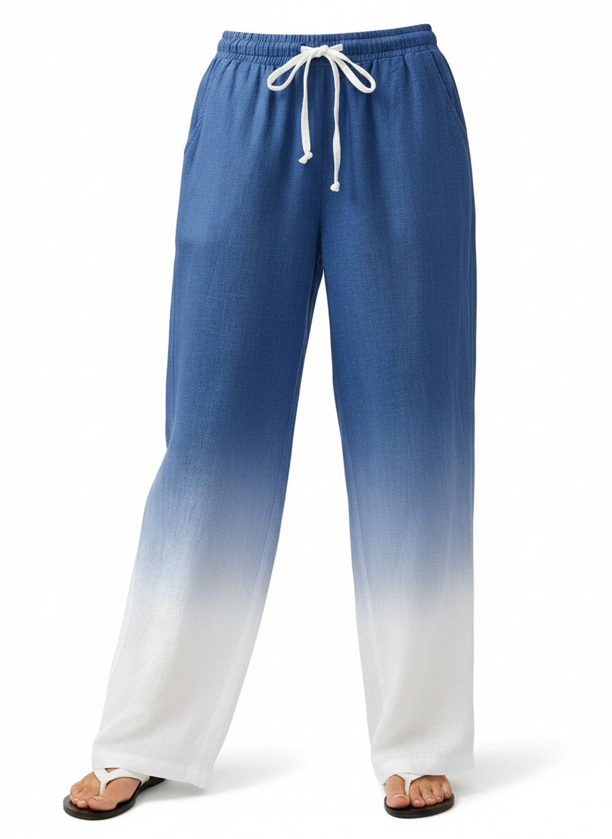 Blue-to-white ombre wide-leg linen pants with elastic waist and white drawstring ties.