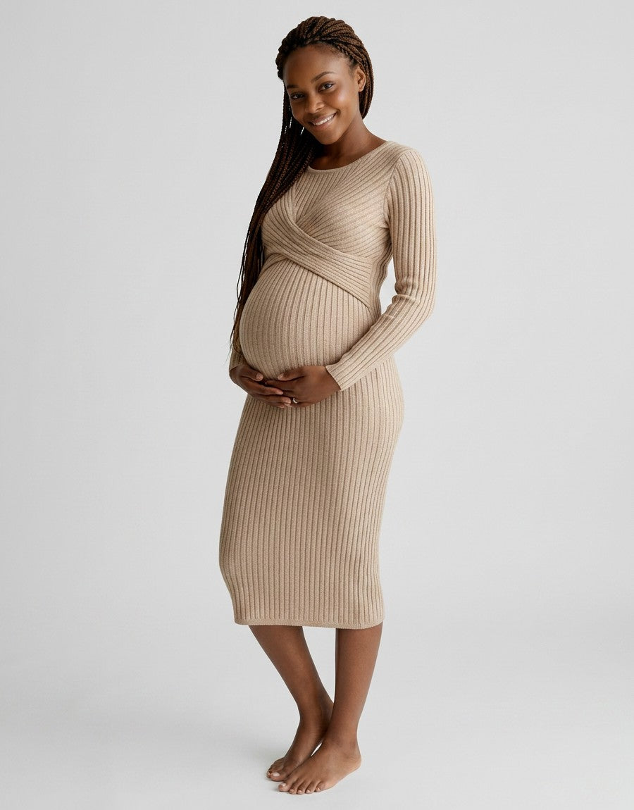 Beige ribbed maternity midi dress with long sleeves and wrap-front crossover bodice
