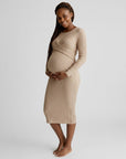 Beige ribbed maternity midi dress with long sleeves and wrap-front crossover bodice