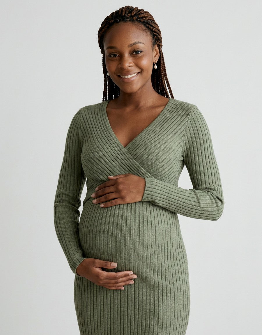 Green ribbed maternity midi dress with long sleeves and wrap-front crossover bodice