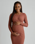 Rust long-sleeve ribbed maternity midi dress with diagonal wrap-front detail