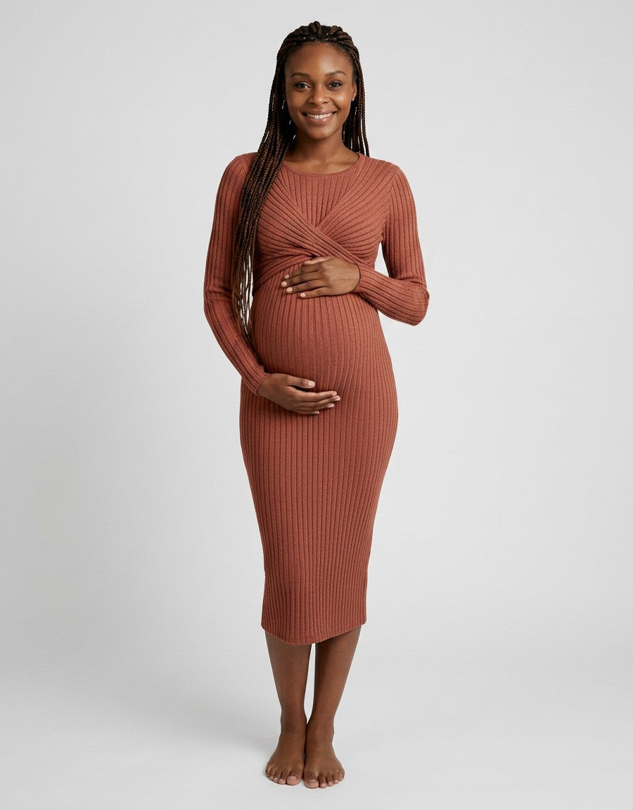 Rust ribbed maternity midi dress with long sleeves and wrap-front crossover bodice