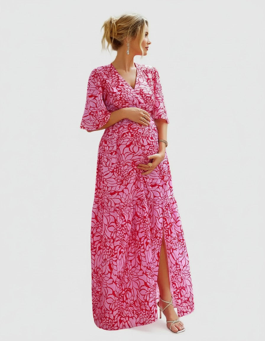 Floral chiffon maternity maxi dress, pink-and-white print, V-neck, bell sleeves, front slit