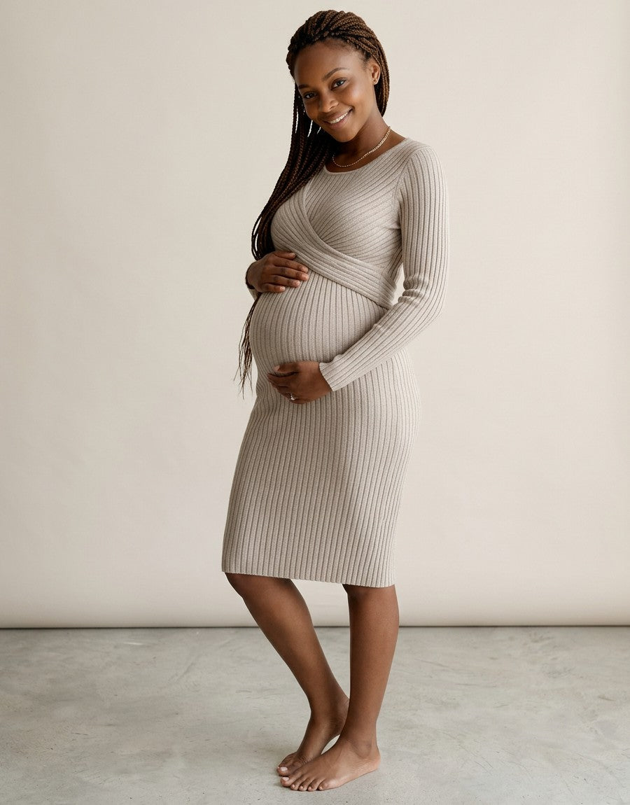 Cream ribbed maternity midi dress with long sleeves and wrap-front crossover bodice