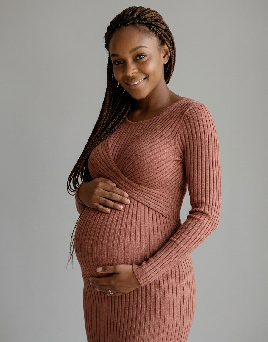 Rust ribbed maternity midi dress with long sleeves and crossed wrap neckline