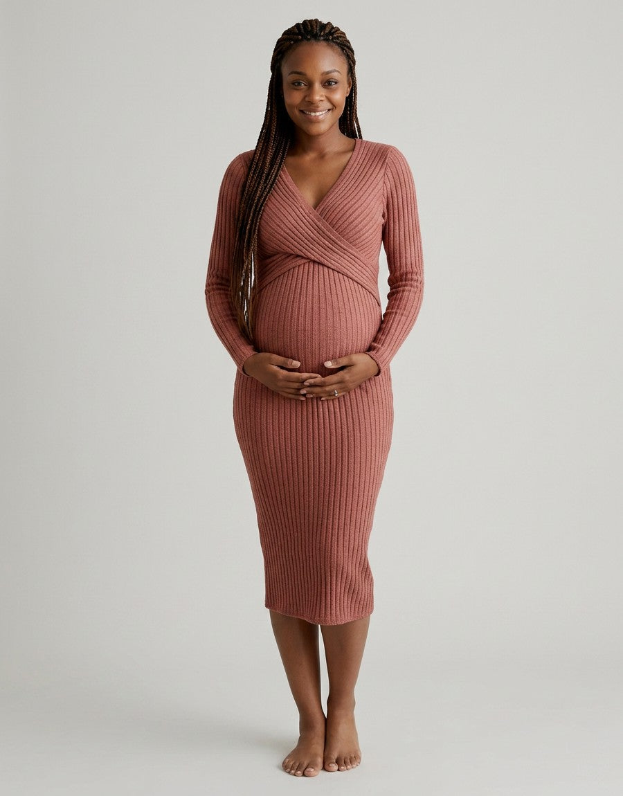Rust ribbed maternity midi dress, long sleeves, wrap-front crossover bodice