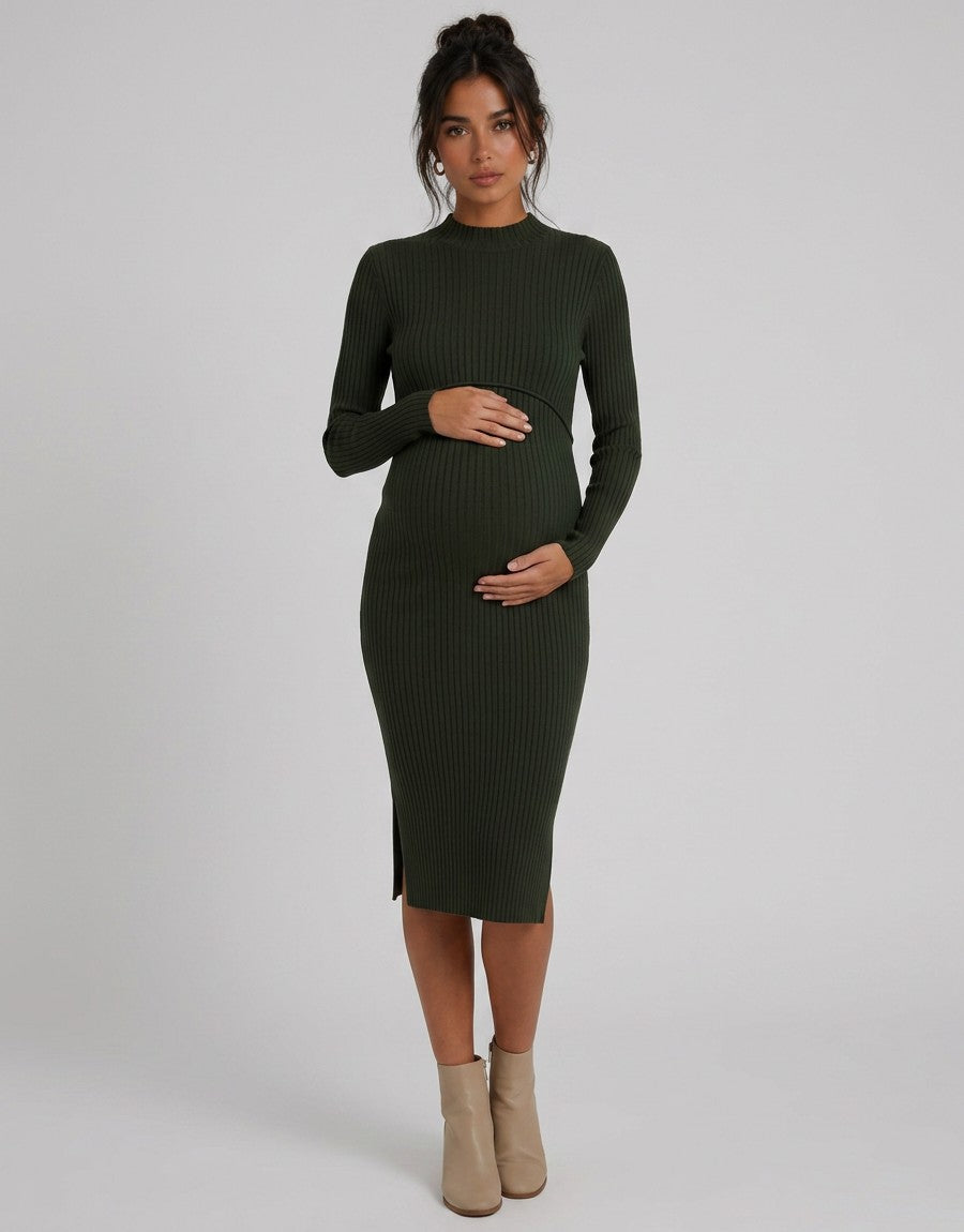 Maternity bodycon dress in dark green ribbed knit, long sleeves, midi length with side slit
