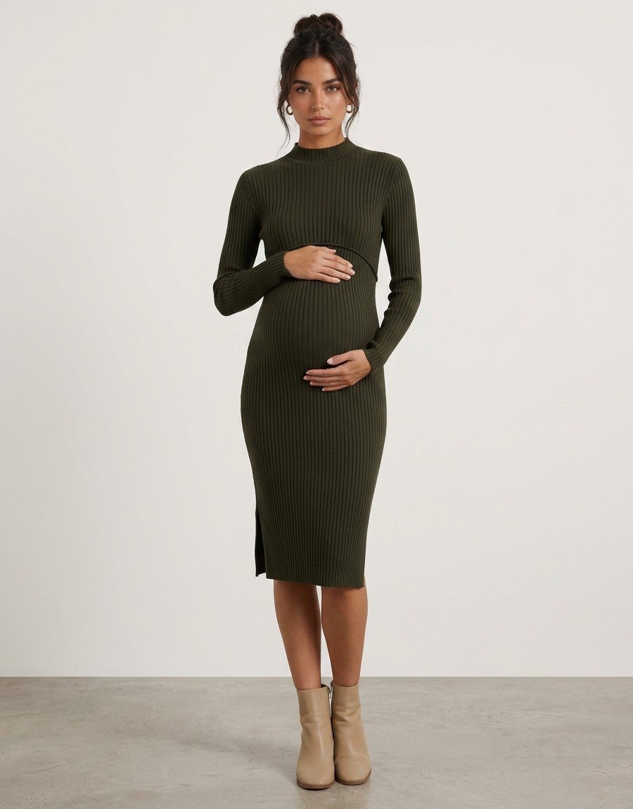 Maternity bodycon dress in dark green ribbed knit, long sleeves, midi with side slit