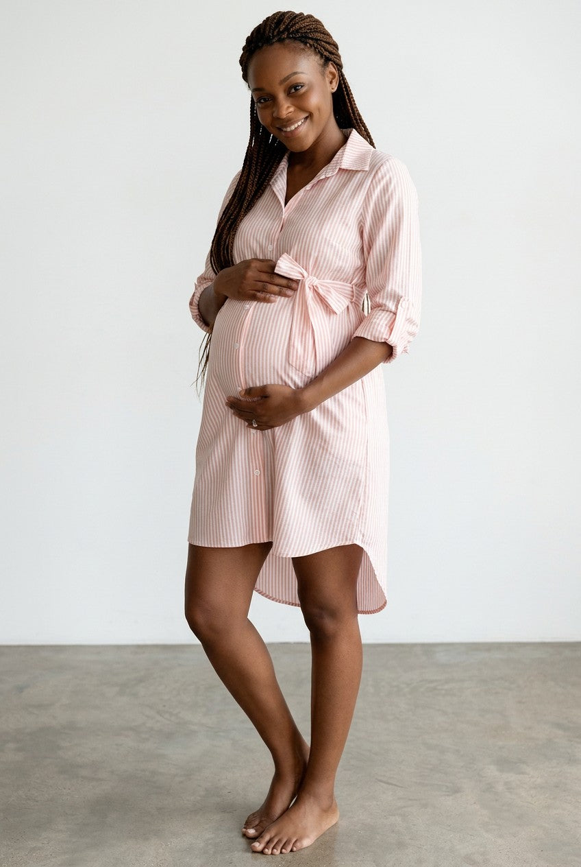 Pink striped maternity shirt dress, button front, tie waist, side view