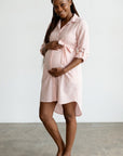 Pink striped maternity shirt dress, button front, tie waist, side view