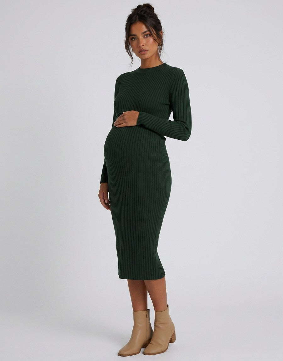 Maternity bodycon dress in dark green ribbed knit, long sleeves, midi hem
