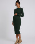 Maternity bodycon dress in dark green ribbed knit, long sleeves, midi hem