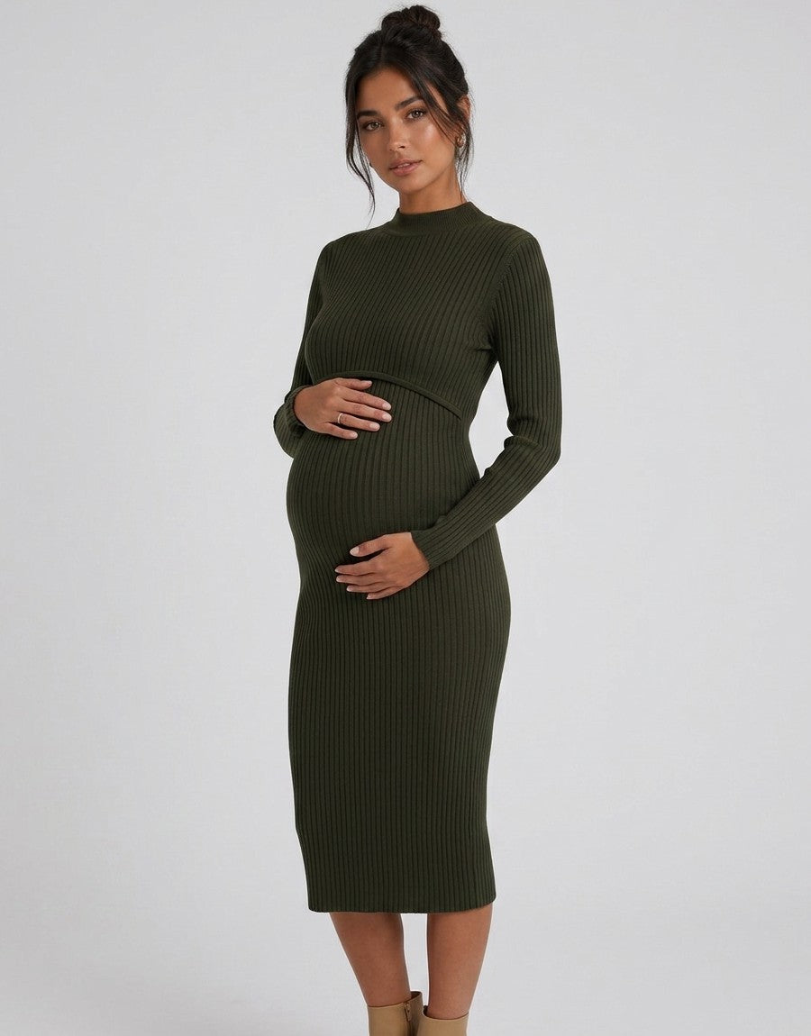 Maternity bodycon dress in dark green ribbed knit, long sleeves, midi length with side slit