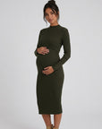 Maternity bodycon dress in dark green ribbed knit, long sleeves, midi length with side slit