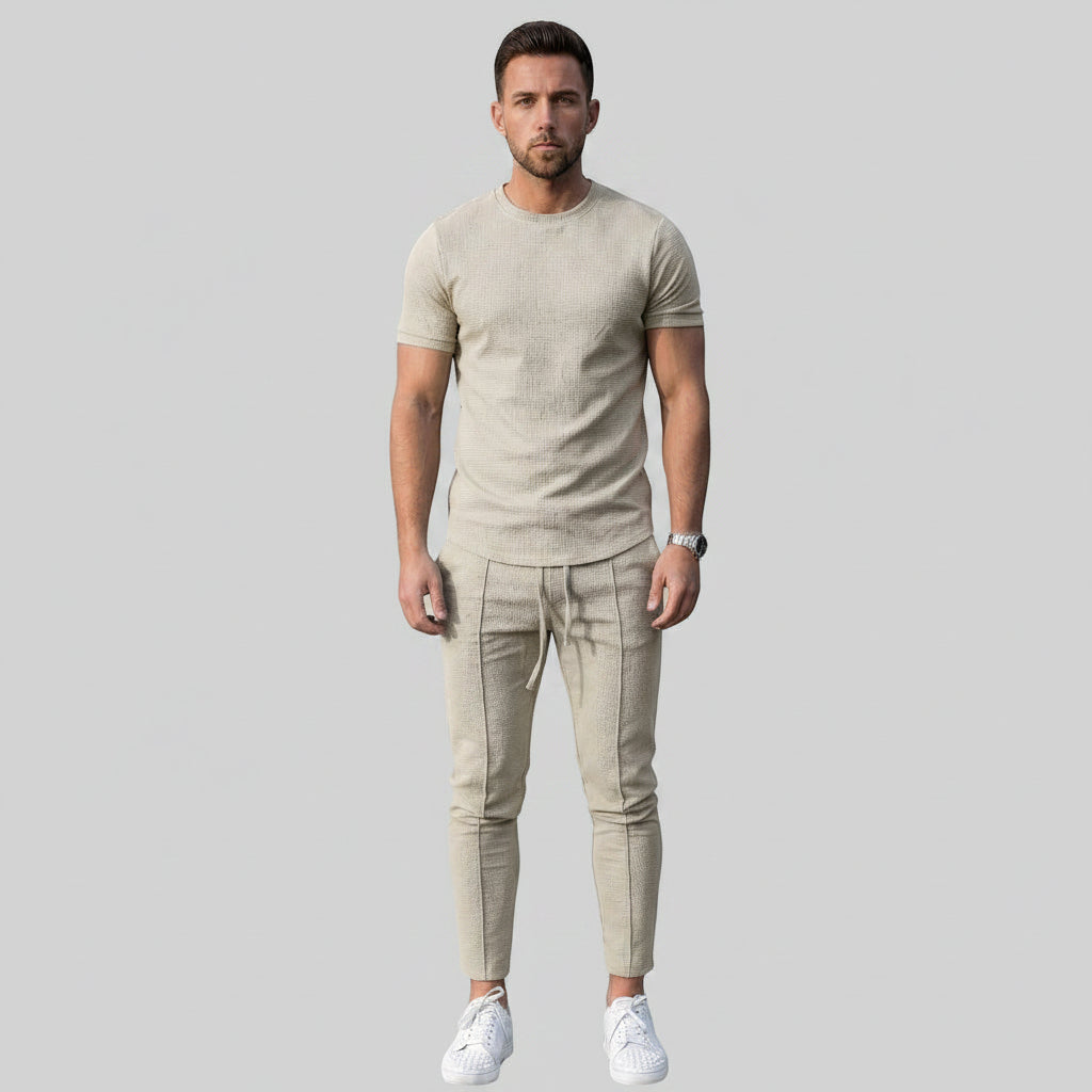Beige men's 2-piece co-ord set: crew-neck t-shirt and tapered jogger pants