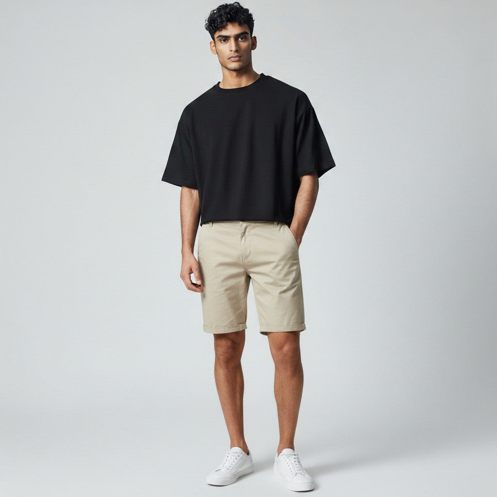 Men's chino shorts in beige, relaxed fit, knee-length, button fly and belt loops
